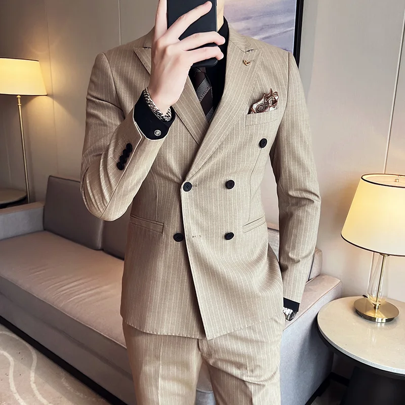 

(Jackets+Vest+Pants)Men Double-breasted Stripe Business Suits/Male Fashion Slim Groom's Wedding Dress/Man Casual Tuxedo Blazers