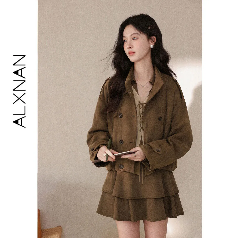 ALXNAN Vintage Brown Mini Skirt Women Autumn Americano A-line Fashion Short Skirt 2026 Elegant Female Clothing L680185A