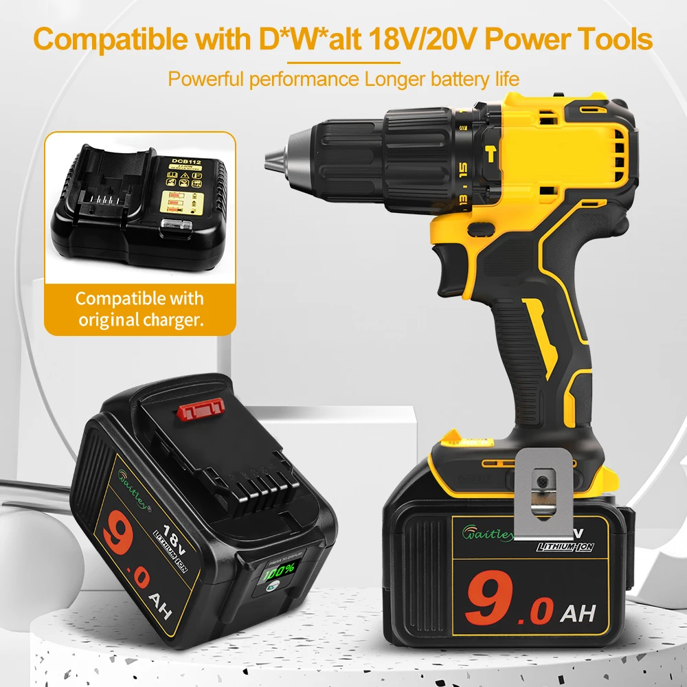 Waitley อะไหล่แบตเตอรี่โทรศัพท์ลิเธียม9.0Ah 18 V เข้ากันได้กับเครื่องมือไฟฟ้า DeWalt 9000mAh 181 DCB184 201 200 20V 18 V 9A