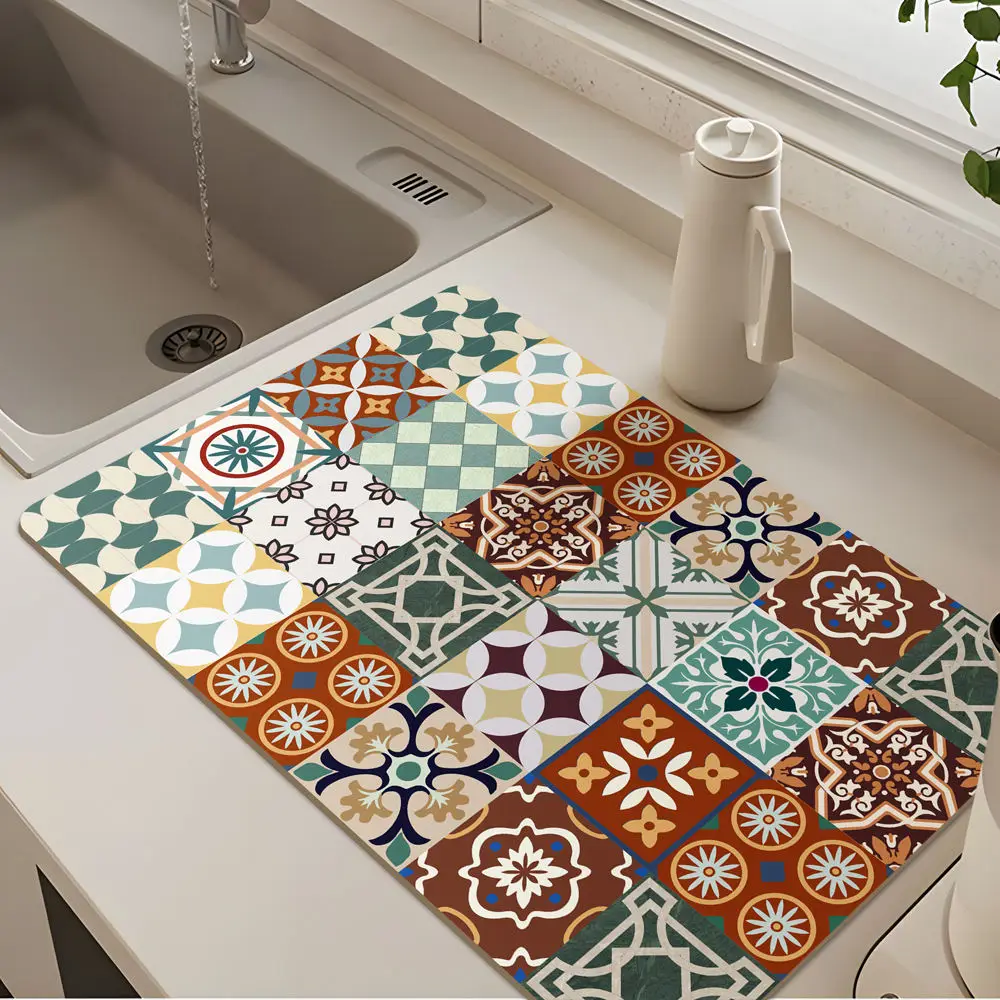 

Bohemian Mosaic Diatomite Floor Mat Easy-to-Clean Odor-Resistant Quick-Dry Non-slip for Home Wet Area