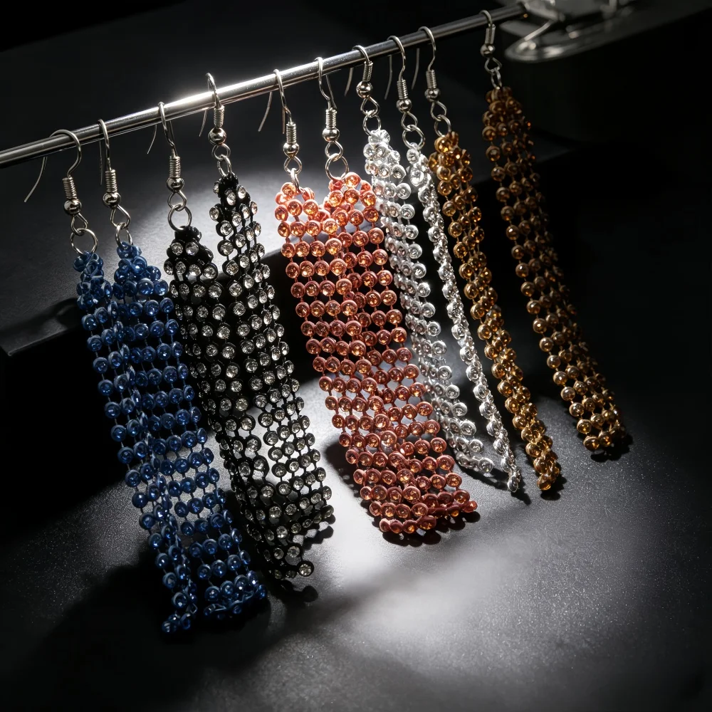 10/15/20Pairs Fashion Net Rhinestone Beaded Long Dangle Earrings For Women Sequins Tassel Mix Classic Jewelry Daily Party Gifts