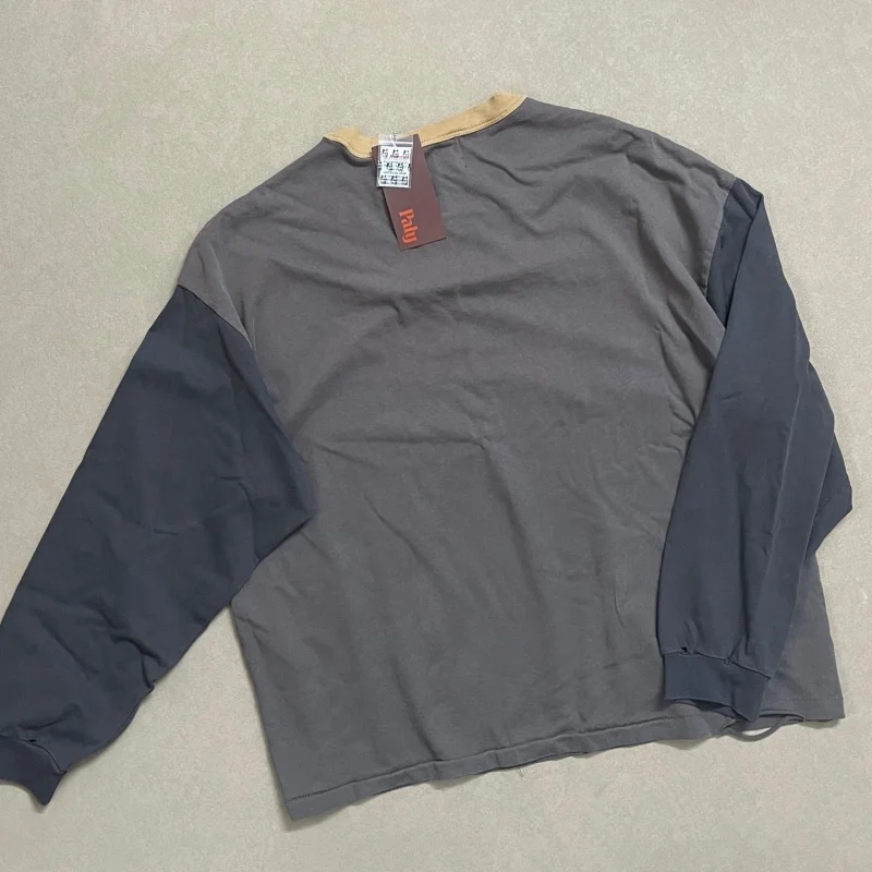 Premium Heavy Cotton Men Long Sleeve T Shirt PALY Contrast Collar Ripped Film Print Loose Tee