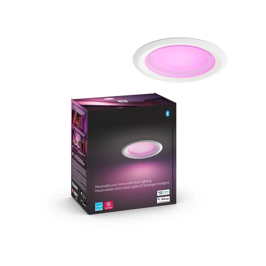 

Умный встраиваемый светильник 4 дюйма, белый, с изменением цвета (Ambiance), 850 люмен, управление через приложение Hue, совместим с Alexa