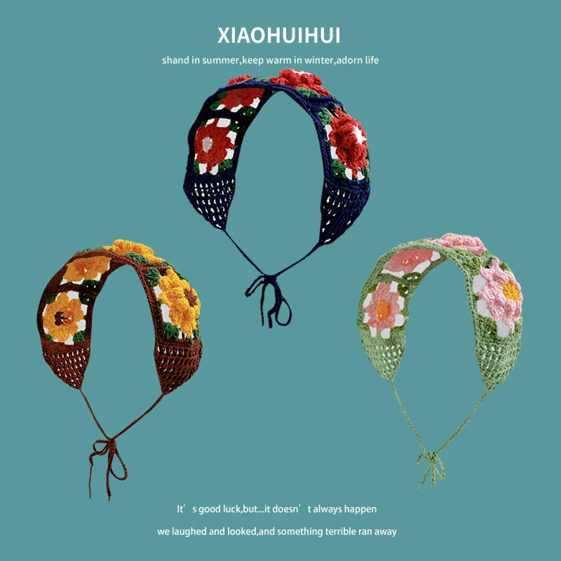 

Japanese Mori Retro 3D Flower Wide Edge Headbands for Women Summer Handmade Crochet Lace Headscarf Hat Ins Popular Headband