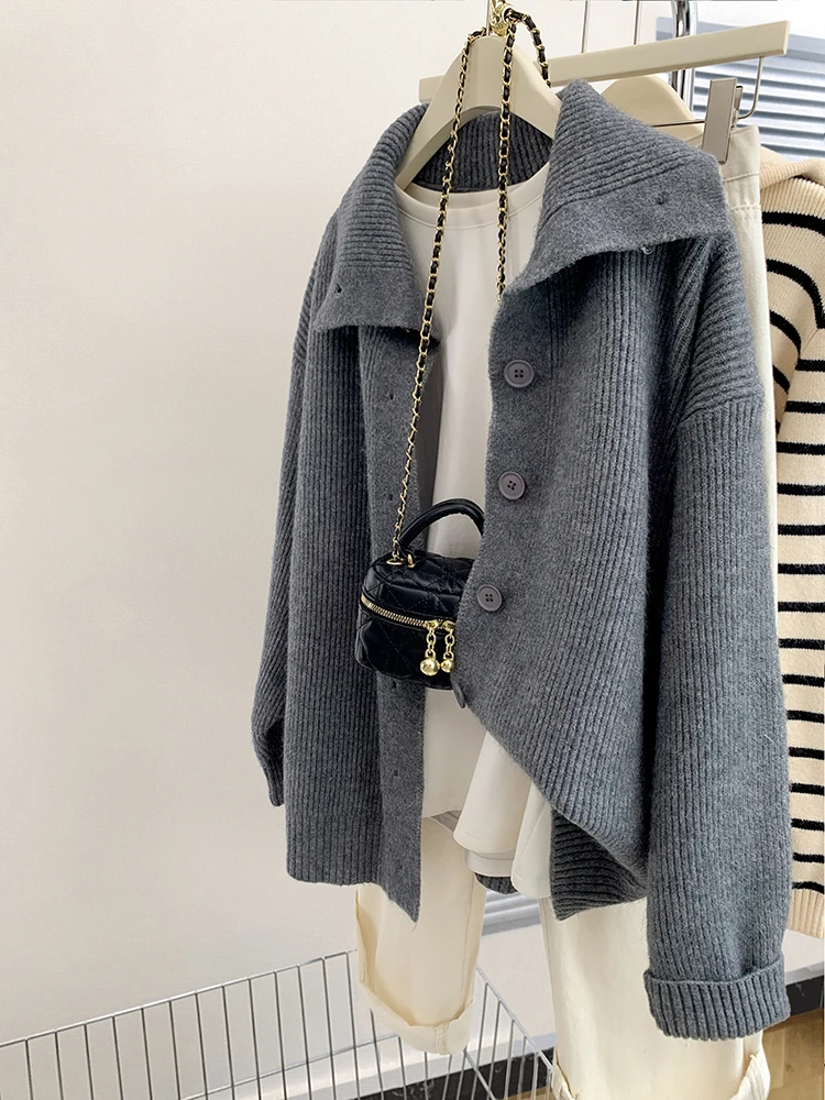 2024 Autumn Winter New Female Oversize Knit Cardigan Women Loose Casual Knitted Sweater Coat Lady Solid Color Cardigan