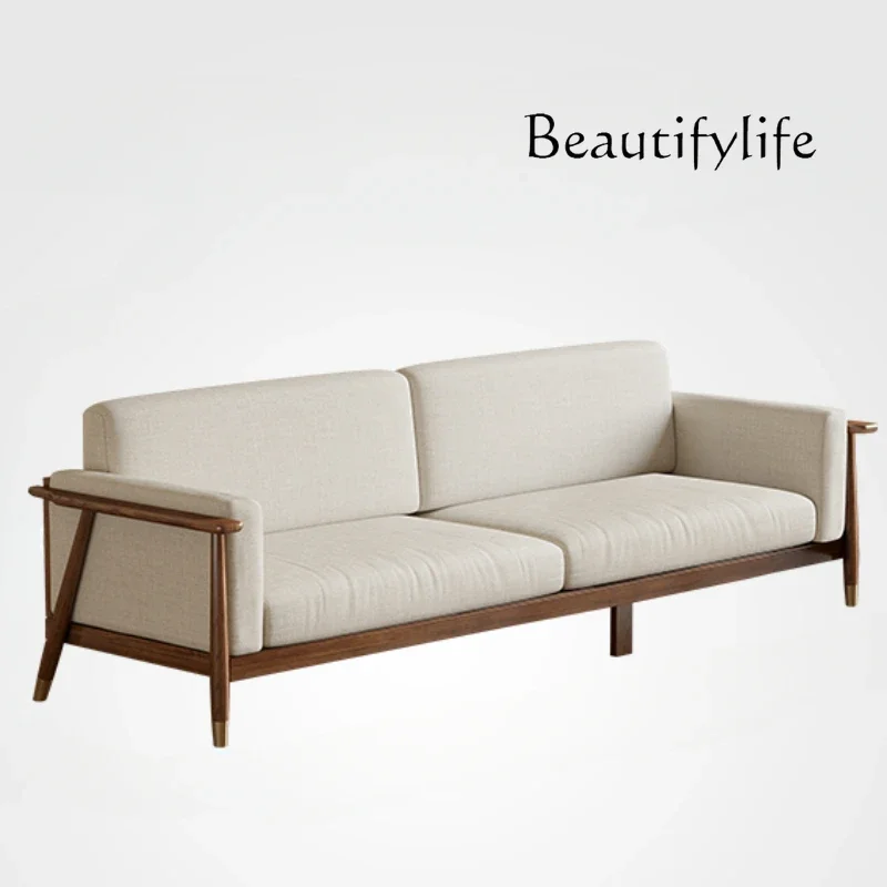 

Nordic Solid Wood Sofa Living Room Straight Row Three-Seat Ash Wood Technology Fabric Sofa