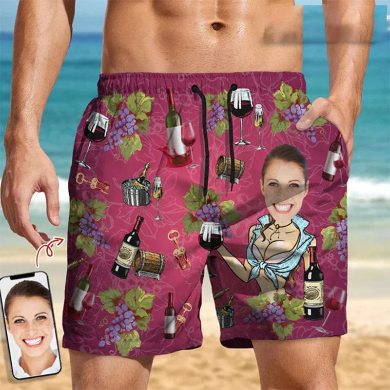 Pantalones cortos Hawaianos para hombre y mujer, Shorts de playa con estampado de cara personalizado 3D, ropa de calle a la moda, divertidos, para nadar, para el día de la cerveza