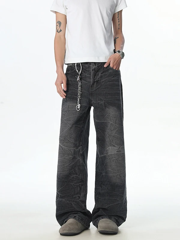 

Мужские джинсы с широкими штанинами, складчатые, в американском стиле, модные, плотные, прямые, длинные, повседневные, в уличном стиле