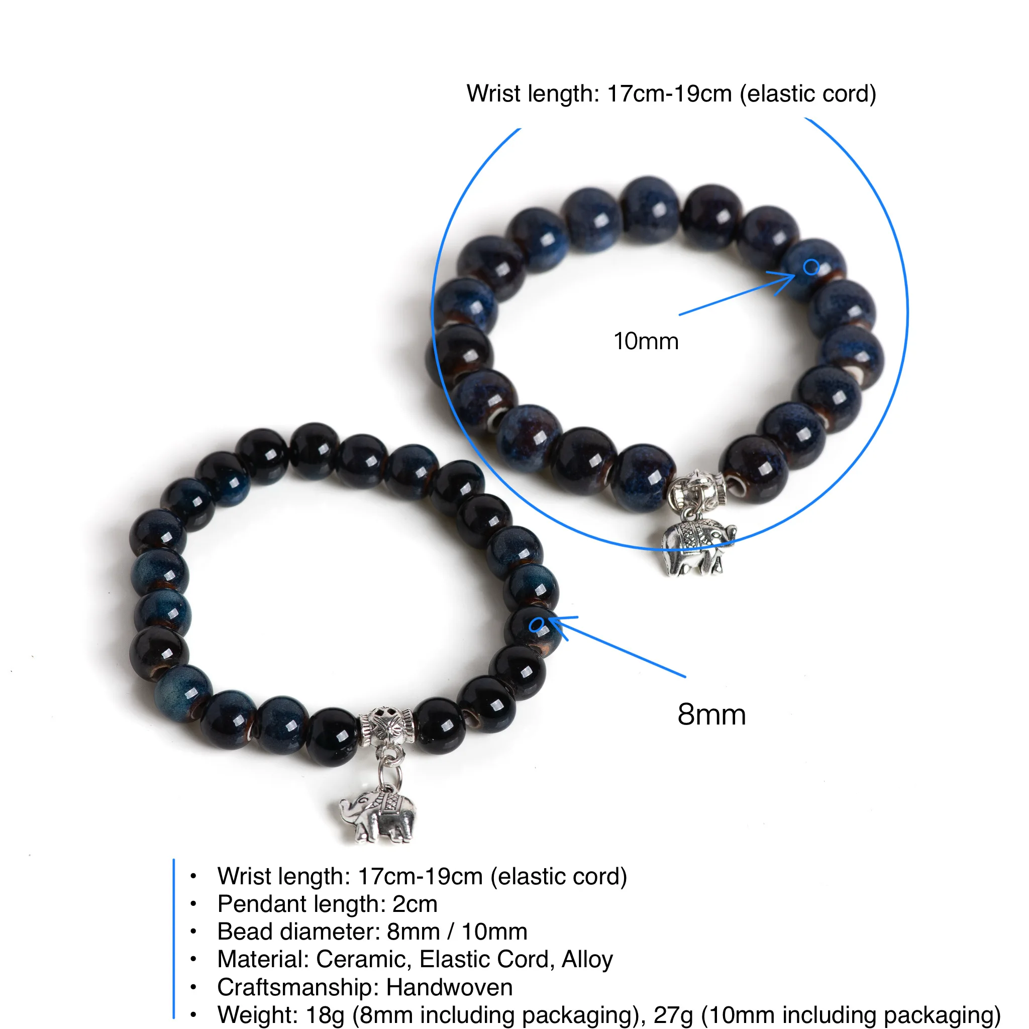 Handmade Ceramic Elephant Bracelet Boho Stretchable Jewelry Unisex Gemstone Blue Beads Two Sizes