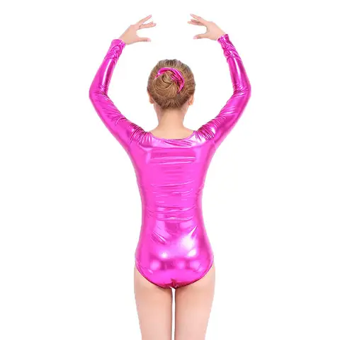 SPEERISE 여성용 샤이니 메탈릭 댄스 레오타드 스판덱스 발레 댄스웨어 스키니 바디수트, 긴팔 체조 의상, 성인 핑크