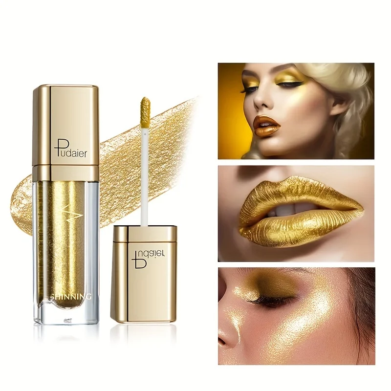 Brilho labial de veludo metálico, batom líquido premium duradouro, impermeável, alto pigmento, esmalte labial dourado e prateado, maquiagem dos olhos