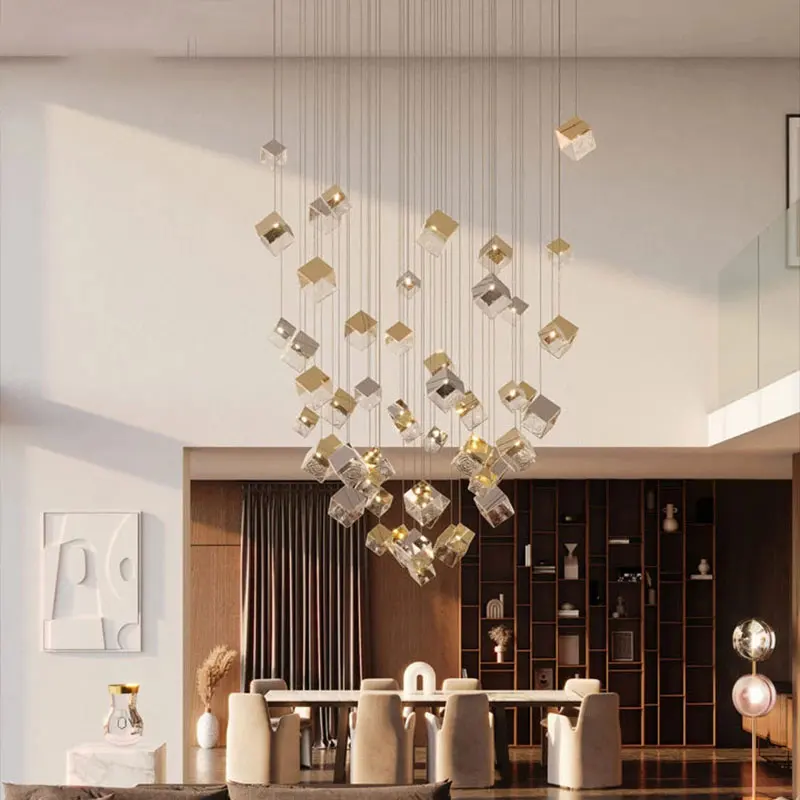 

Nordic retro Gold Hardware ice cubes Glass Cube G4 Led Chandelier Lustre Ceiling for Dining room Bar Kitchen island decoration