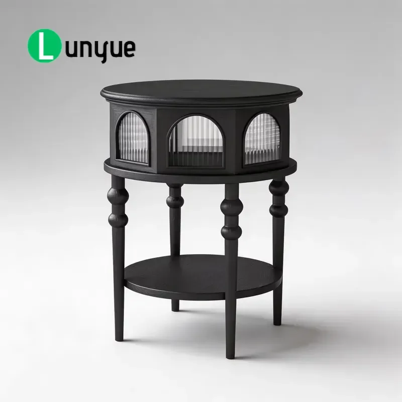 Black Round Side Table with Arched Groove Glass Door Vintage Wooden Coffee Table with Storage Rack for Living Room Bedroom