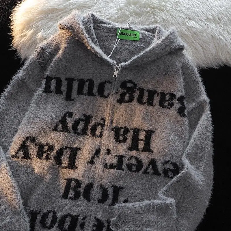 

American Lazy Retro High Street Knitted Open Cardigan Men Women Loose Couple Zipper Plu Coat Hole Design Casual Wear