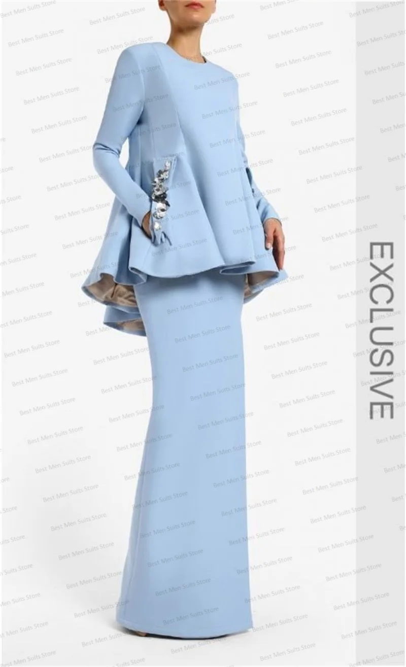 Céu Azul Mãe do Convidado Prom Dress Mulheres Saia Ternos Set Luxo Lantejoulas Blazer 2 Peças Jacket + Long Party Gown Custom Made