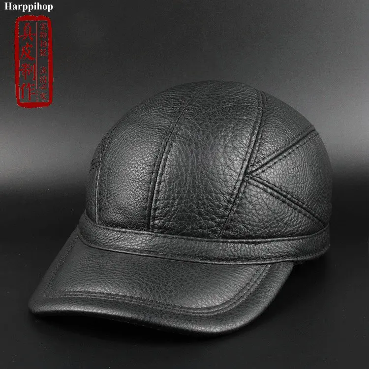 Winter new head layer cowhide hat men casual Baseball Cap Hat ear warm leather peaked cap