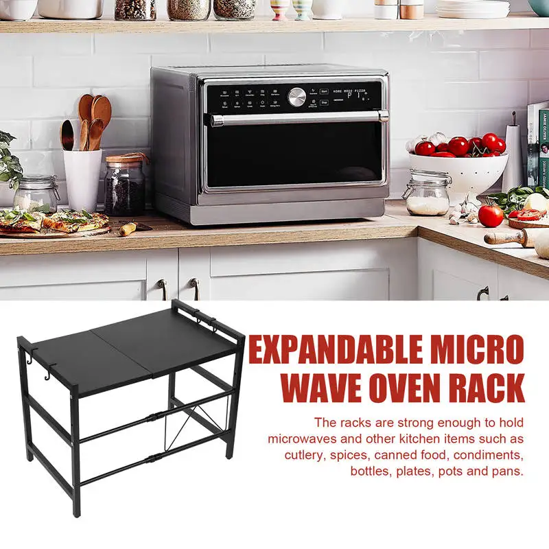 Expandable Microwave Oven Rack, 2-Tier Adjustable Kitchen Countertop Shelf, Toaster Rack Heavy Duty Stand Organizer