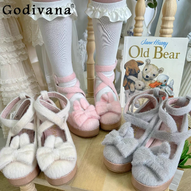 

Original Japanese Lolita Thick-Soled Shoes Spring and Autumn New Girls Cute Bow Plush Platform Shoes Women's Y2K High Heel Pumps