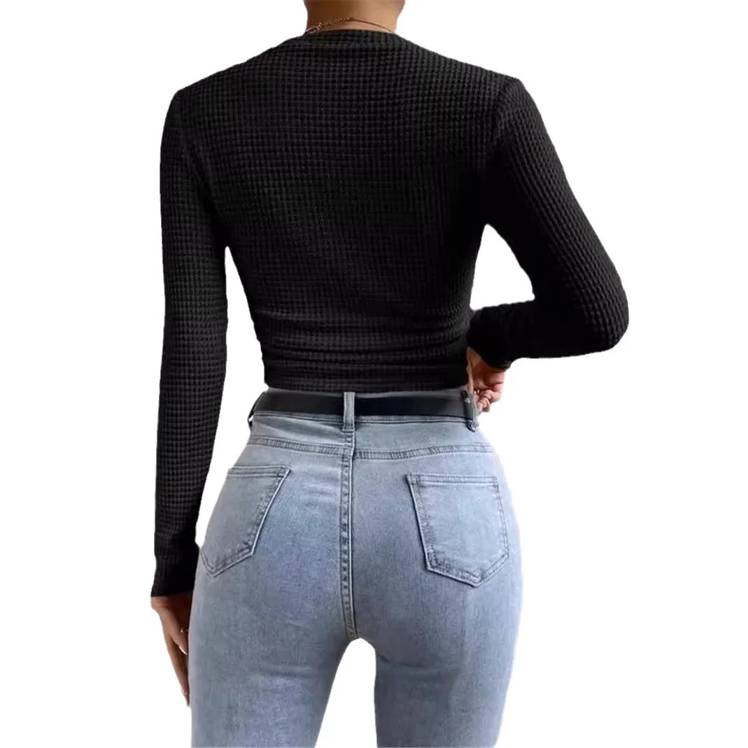 Slim Cropped T-shirt Tops  Women's Round Collar Long Sleeve Waffle Plaid