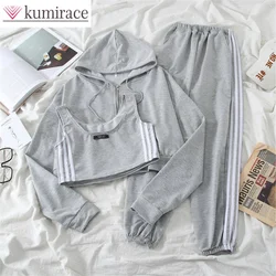 Autumn New Striped Patchwork Gray Hooded Jacket Leg Tied Pants Two-piece Set Elegant Women's Pants Set Sports Outfits Tracksuits