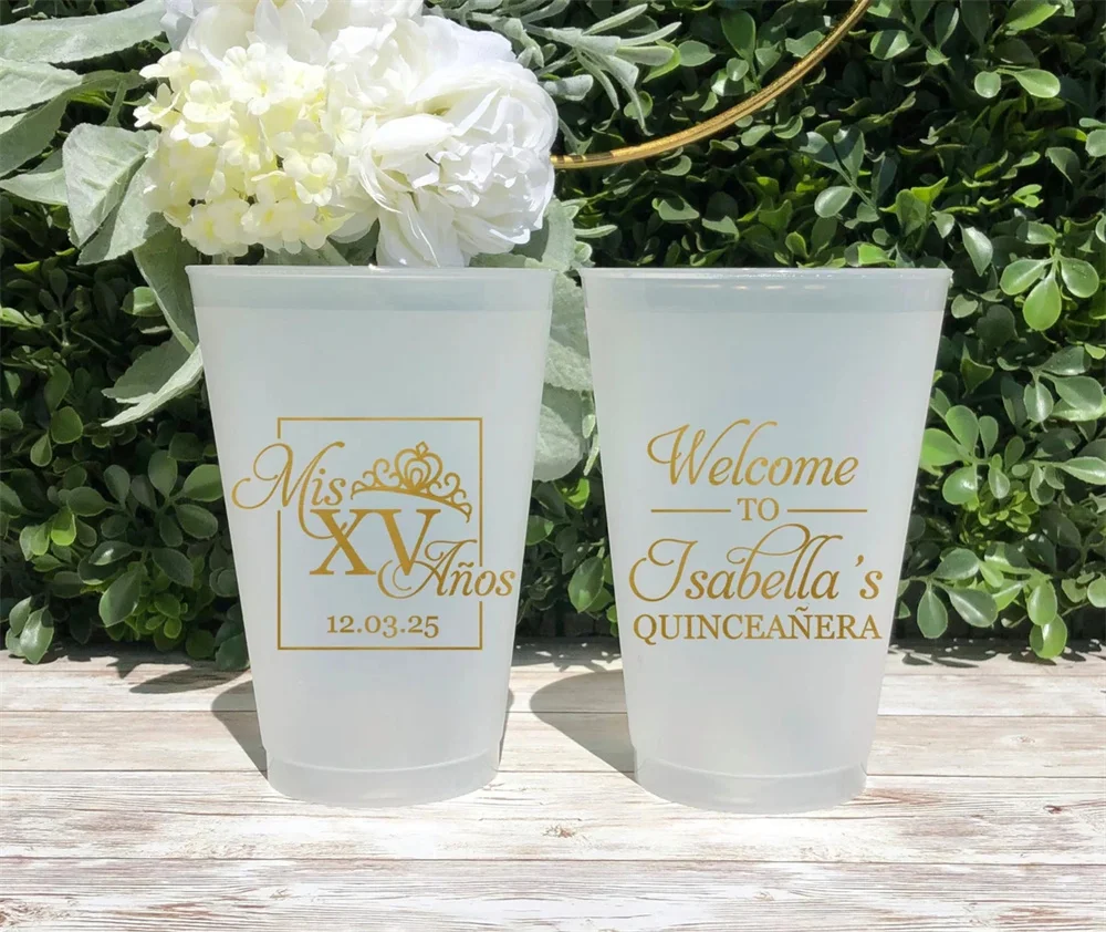 10PCS Quinceañera Birthday Custom Frosted Cups, 5oz, 8oz, 9oz, 10oz, 12oz, 14oz, 16oz, 20oz, 24oz / Personalized Cups, Party Cup