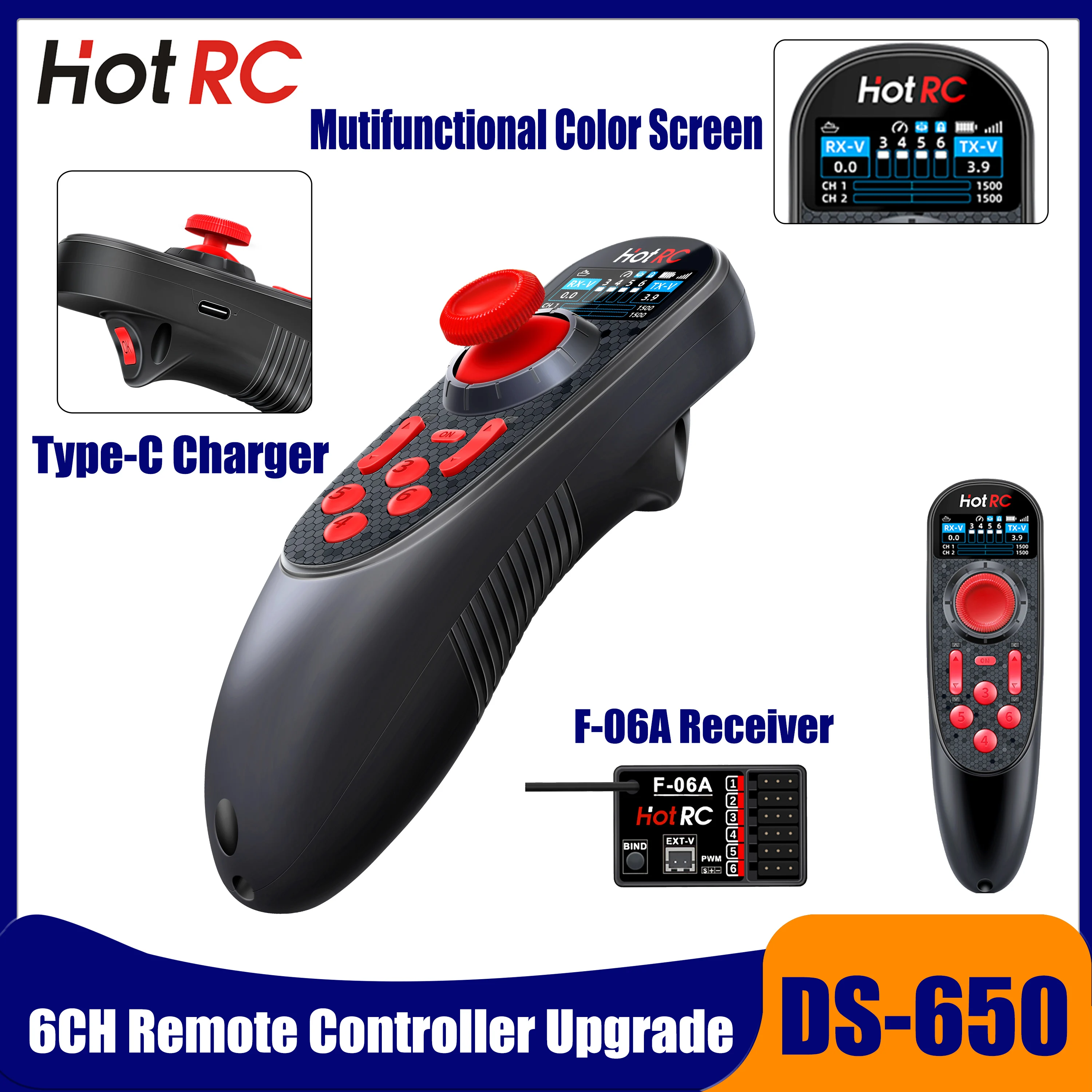 HOTRC DS-650 6CH 2.4G Radio System Transmitter Mutifunctional Color Screen Remote Controller F-06A Receiver for RC Car Boat