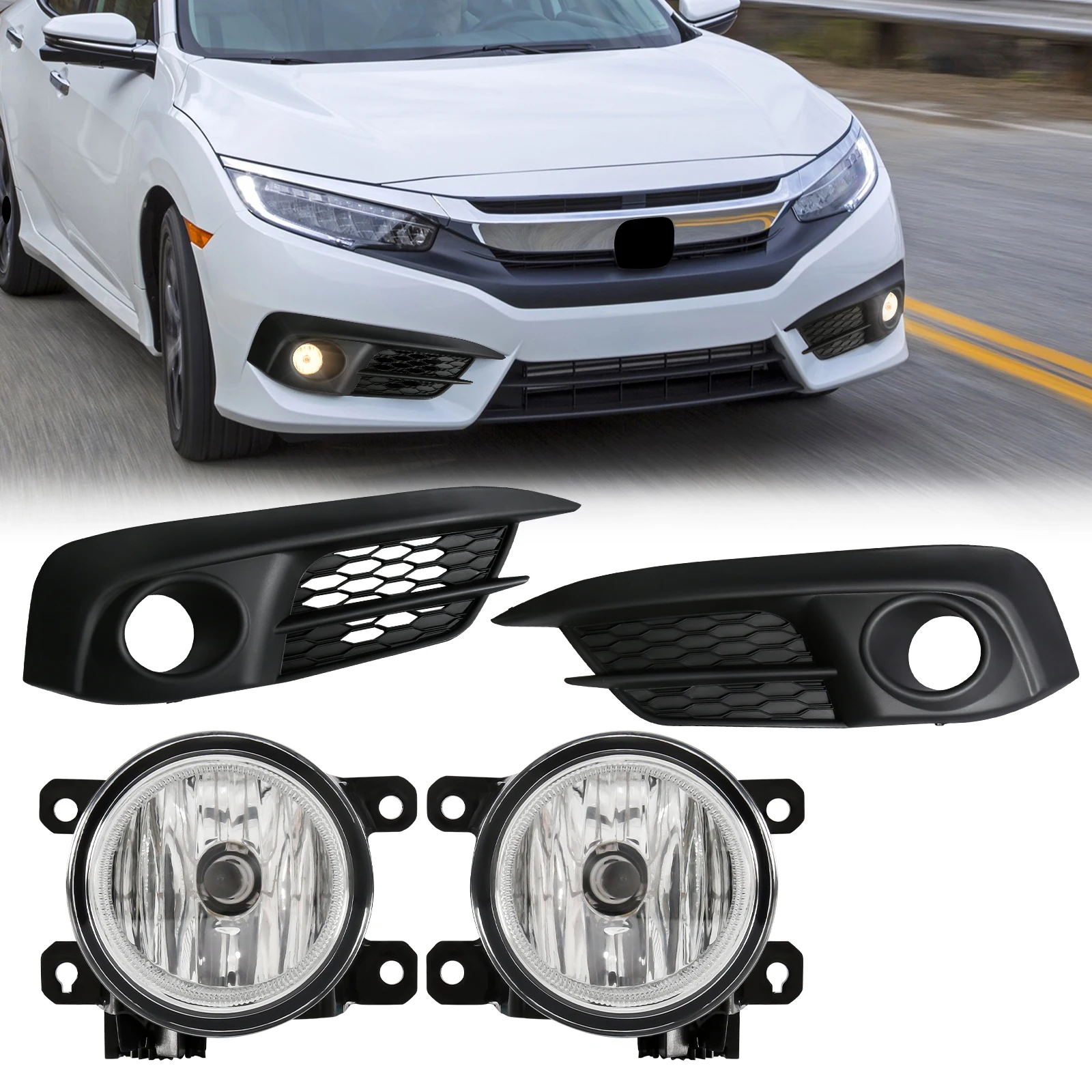 

LED Fog Lamp For Honda Civic Sedan 2016 2017 2018 10th Gen Foglight Car Front Bumper Driving Lamp With Cover Wiring Switch 12V