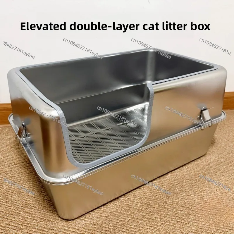 Large 60cm Stainless Steel Open Top Cat Litter Box High Sided Anti Splash Double Layer Jumbo Pet Toilet Tray