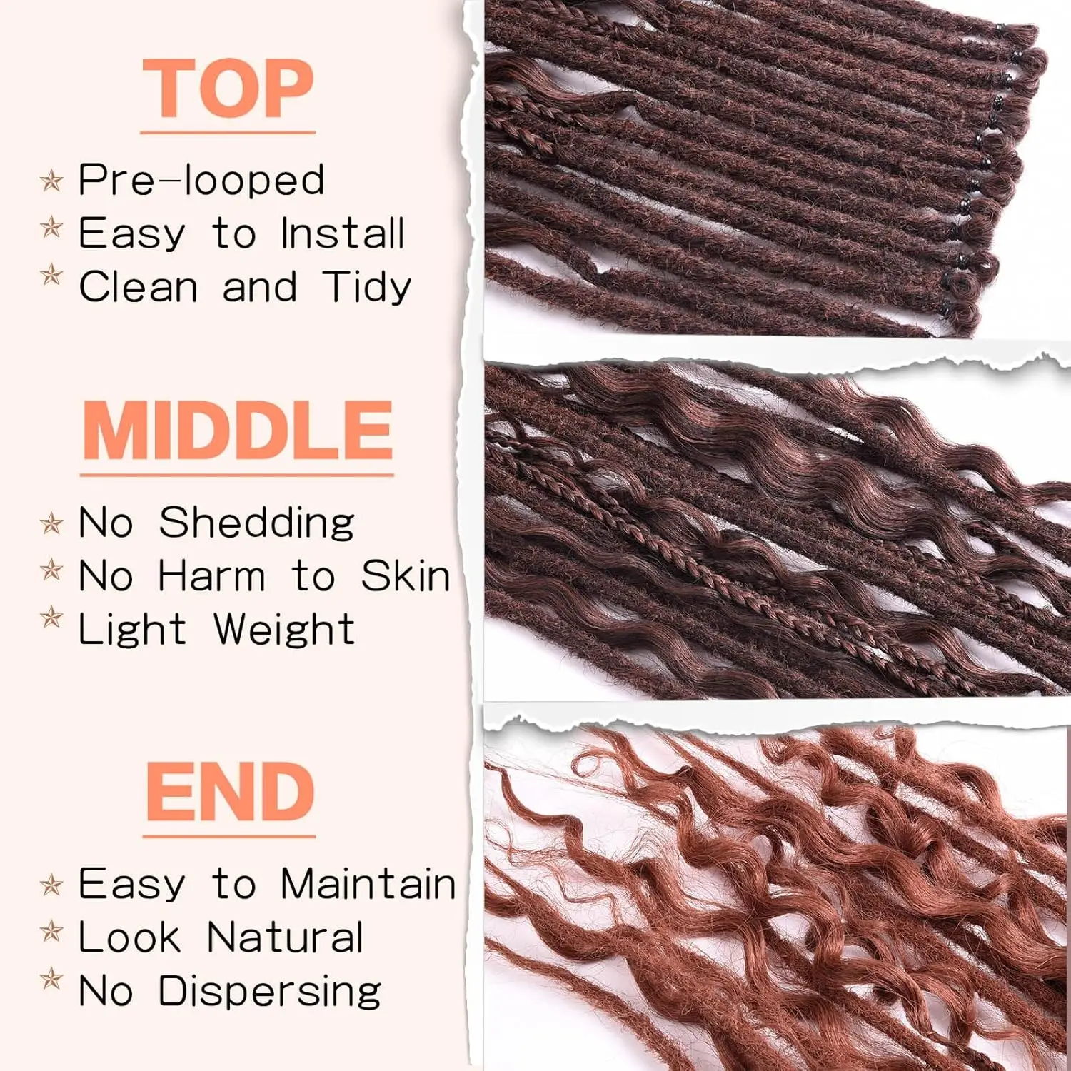 Synthetic SE Dreadlocs Braids Hair Extensions, 24 Inch 8 Strands/Lot 3 In 1 Mixed Hippie Style Single End Dreadslocks for Women