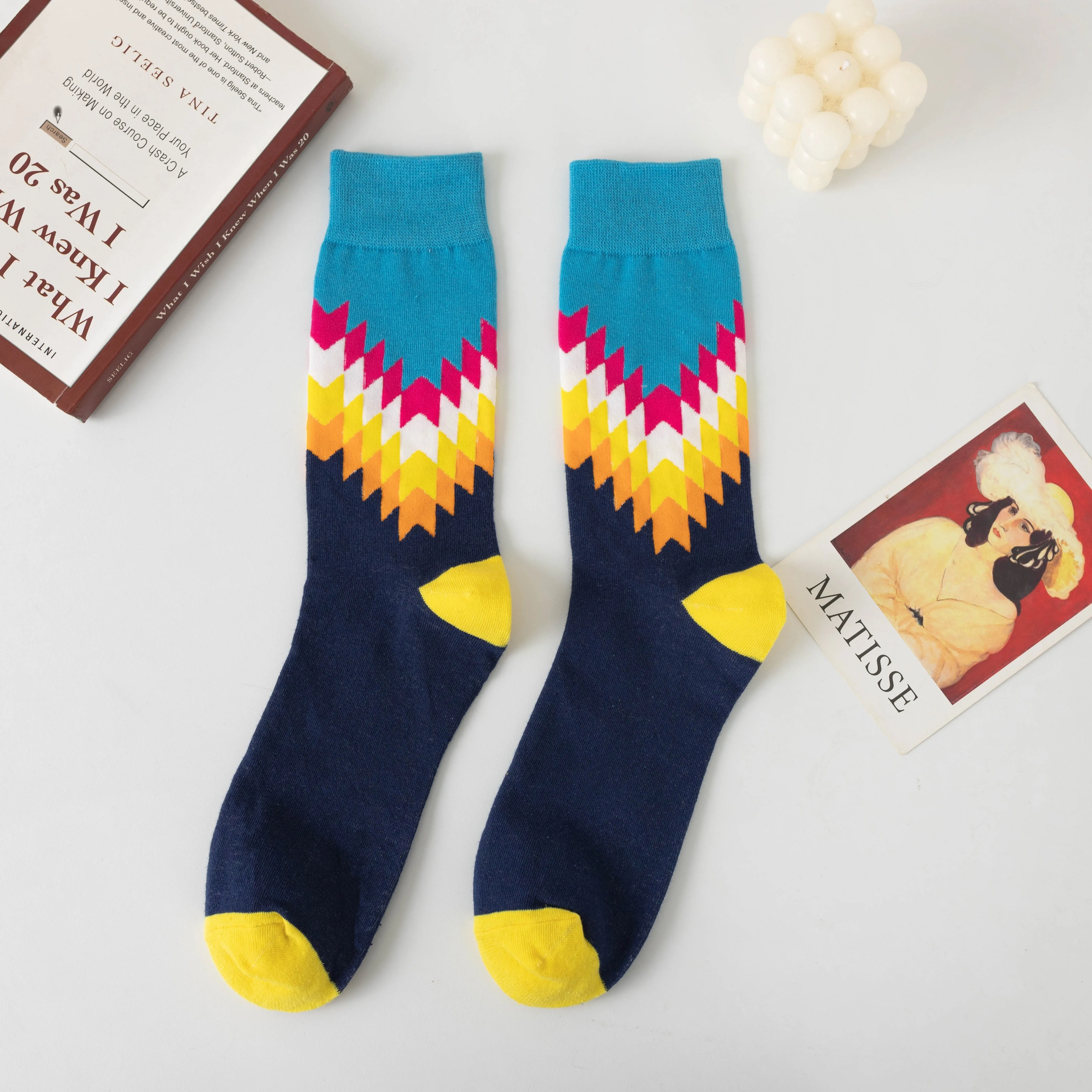 5 Pairs New Men and Women Couple Socks Geometric Color Triangle Plaid Stripe Contrast Color Fashion Trend Harajuku Style Tube So