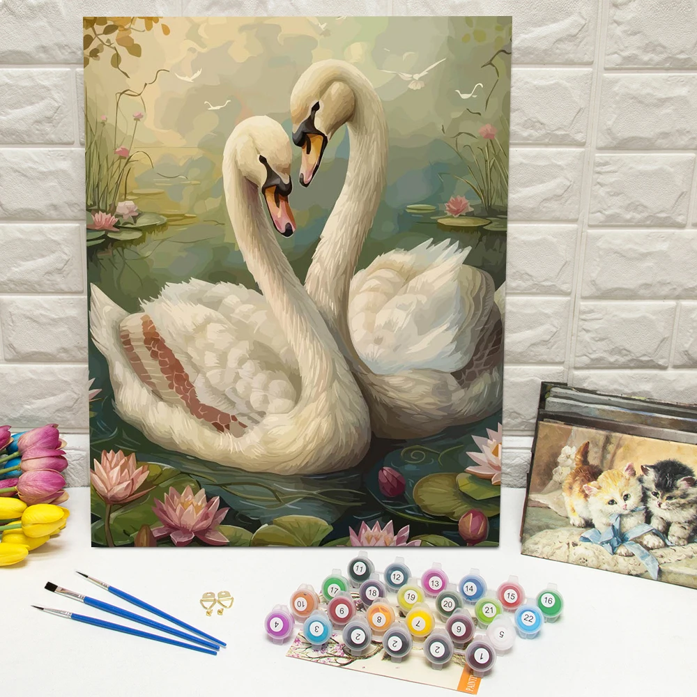 DIY Malen nach Zahlen Schwan Digitales Ölgemälde Tier Handgemaltes Leinwandgemälde Lotus Kunst und Handwerk Heimdekoration