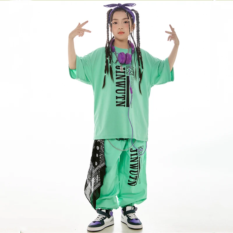 Ropa de Hip Hop de manga corta para niños, Tops verdes sueltos, pantalones para niñas, ropa de baile de Jazz, disfraz de espectáculo de tambor deportivo para niños BL12833