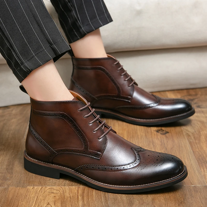 Men High Top Lace-up Brogue Style Business Fashion Handmade Ankle Boots