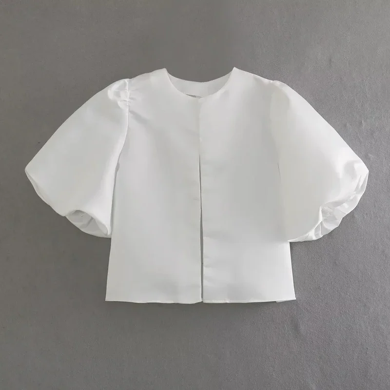 ASDS Satin Crop Top Women Puff Short Sleeve Female Shirts Summer Elegant Blouses Round Neck Loose Blouse Cut Out Cropped Blouses