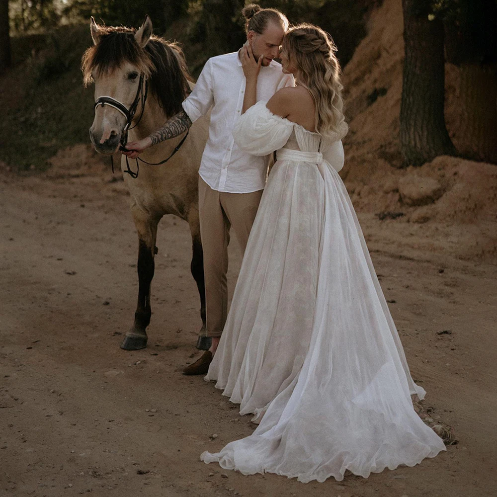 Robe de mariée en mousseline de soie froncée sans bretelles, manches mi-bouffantes, dentelle sur mesure, jardin de plage Boho, patients initiés au décollage, quelle que soit la princesse