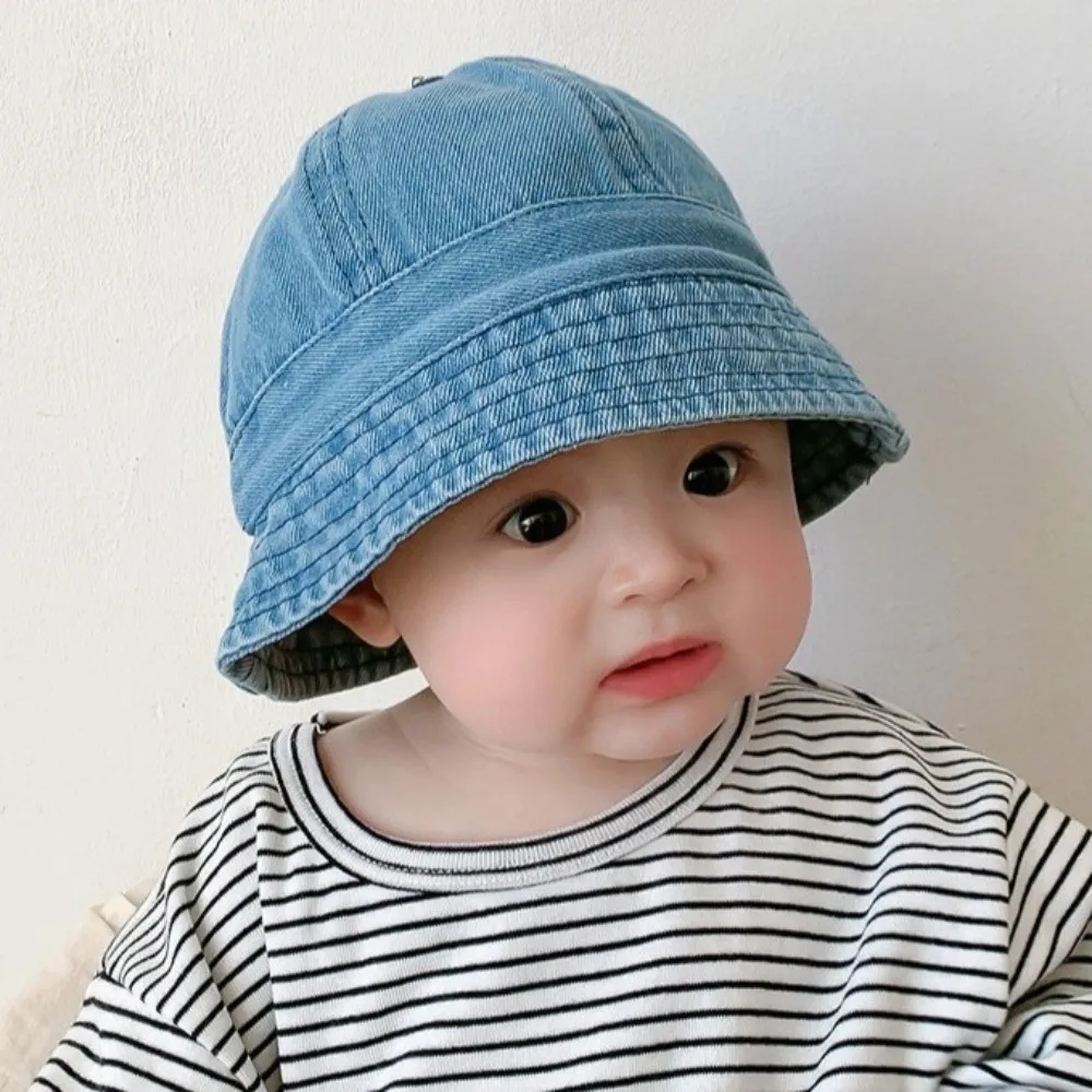 

Soft Cloth Washed Denim Bucket Hat Korean Style Windproof Baby Sun Hat Solid Color sun protection Children Fisherman Cap Girls