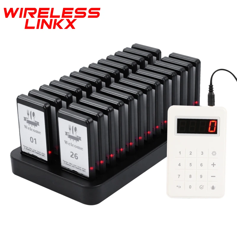 Wireless Restaurant Pager System 26 Buzzers Waterproof Food Pager Black Food Truck Beepers for Fast Food Dessert Shop Bar Cafe