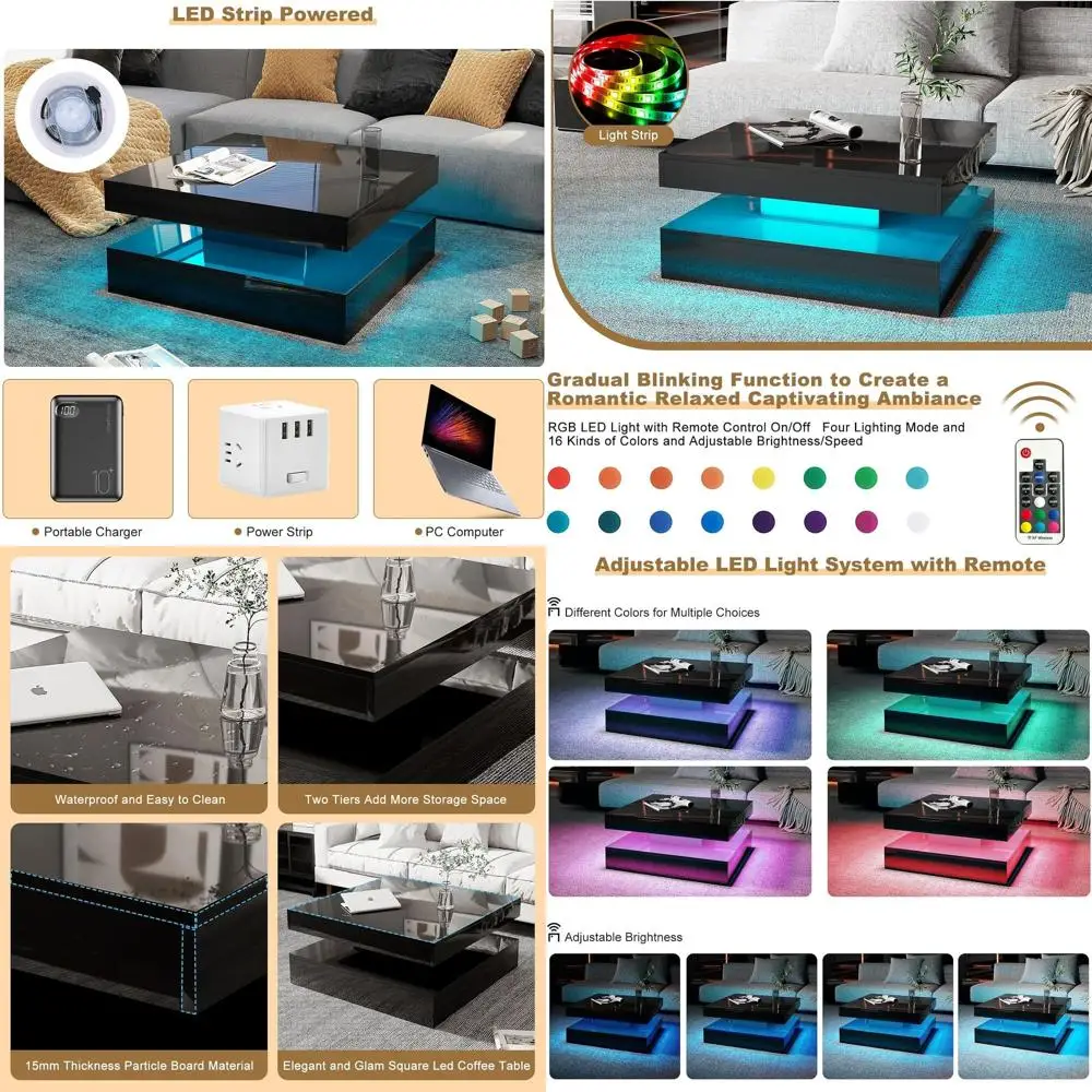 Contemporary 2-Tier Square LED Coffee Table with Storage for Living and Dining Rooms