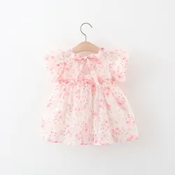 Summer New Baby Girls Dress Square Collar Puffed Sleeve Flower Floral Dress Sweet Princess Dress Birthday Party Team Dress