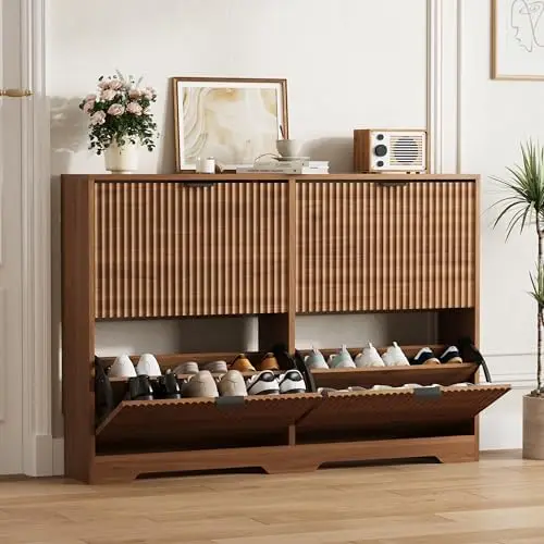 Shoe Cabinet Storage for Entryway with 4 Flip Drawers, Walnut Fluted Shoe Cabinet with Adjustable Shelves, Wooden