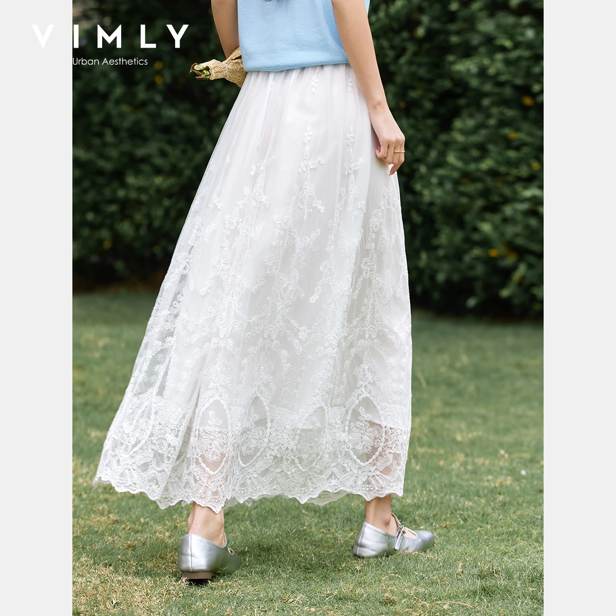 VIMLY Korean Fashion White Lace Skirt Women 2025 Summer Hollowed-out Lace 2025 Elegant Lady High Waist Swing Long Skirt A1392