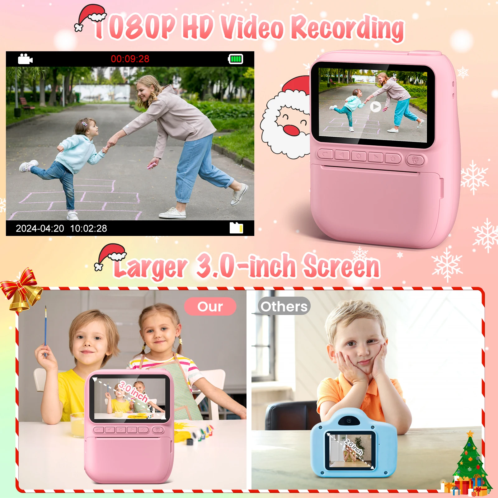 Sofortbildkamera für Kinder, 3,0-Zoll-Kinderkamera für 6–12 Jahre, 32 MP HD 1080P-Digitalkamera mit 3 Rollen Druckerpapier