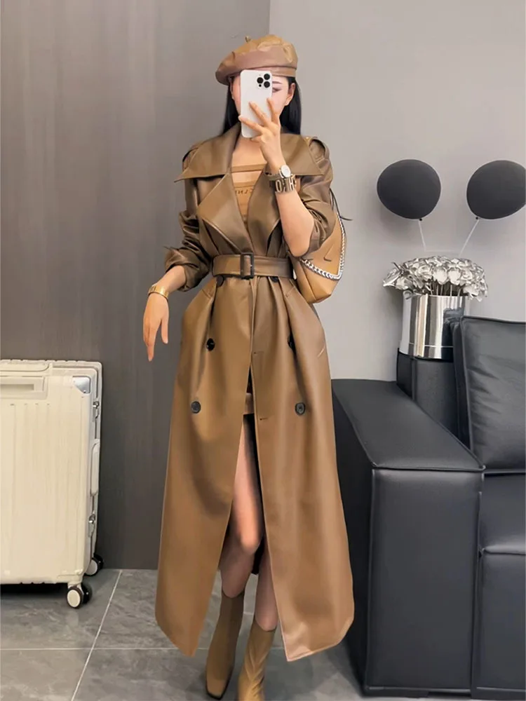 Spring Autumn Extra Long Oversized Cool Black Pu Leather Trench Coat for Women Belt Runway Fashion 2024