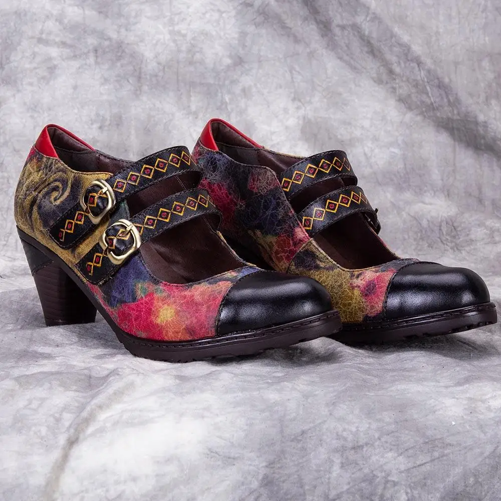 

Custom Handmade Mary Jane Shoes Colorful Embroided Colorful Block Heel Pumps Vintage Ethnic Style Cowhide