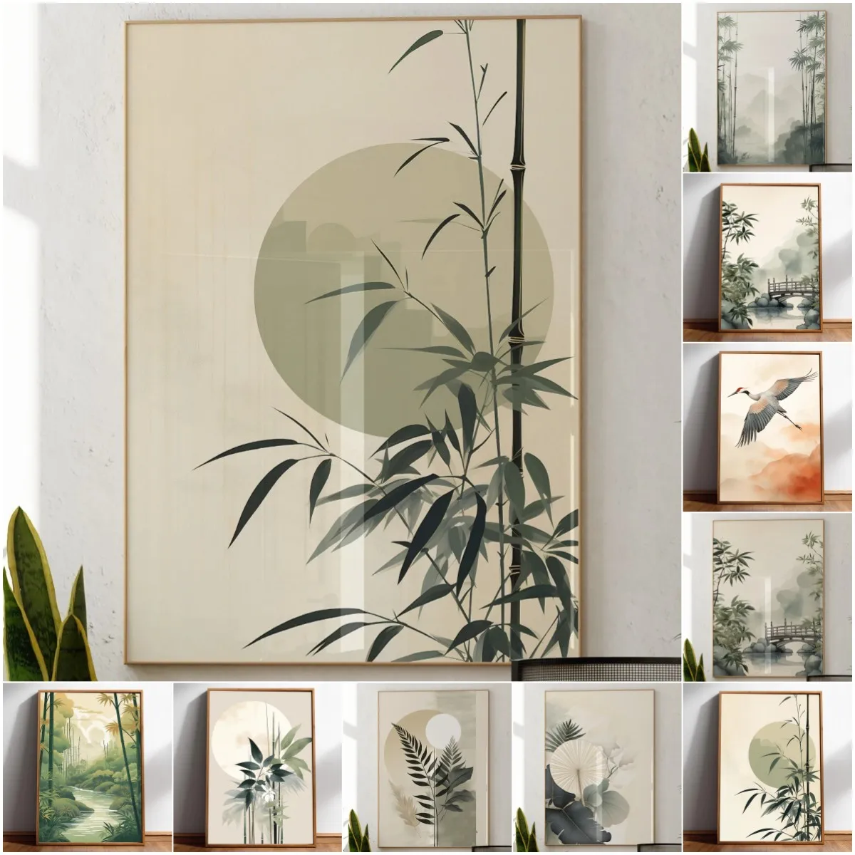Minimalistischer japanischer Bambuswald-Kranich-Naturdruck: Zen-Fluss, Japandi Wandkunst, minimalistischer botanischer Druck in neutralen Tönen
