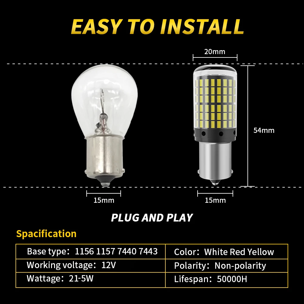 2pcs Canbus 1156 BA15S PY21W P21/5W 1157 BAY15D T20 7443 Car Led Bulb Front Rear Turn Signal Brake Lamp Auto 12V White Red Amber