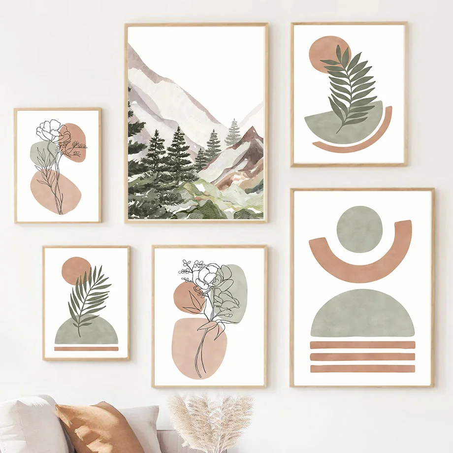 Frameless canvas paintings,Mountain Forest Sun Leaves Flwoer Geometry Wall Art Canvas Painting Abstract Boho Posters Prints Pict