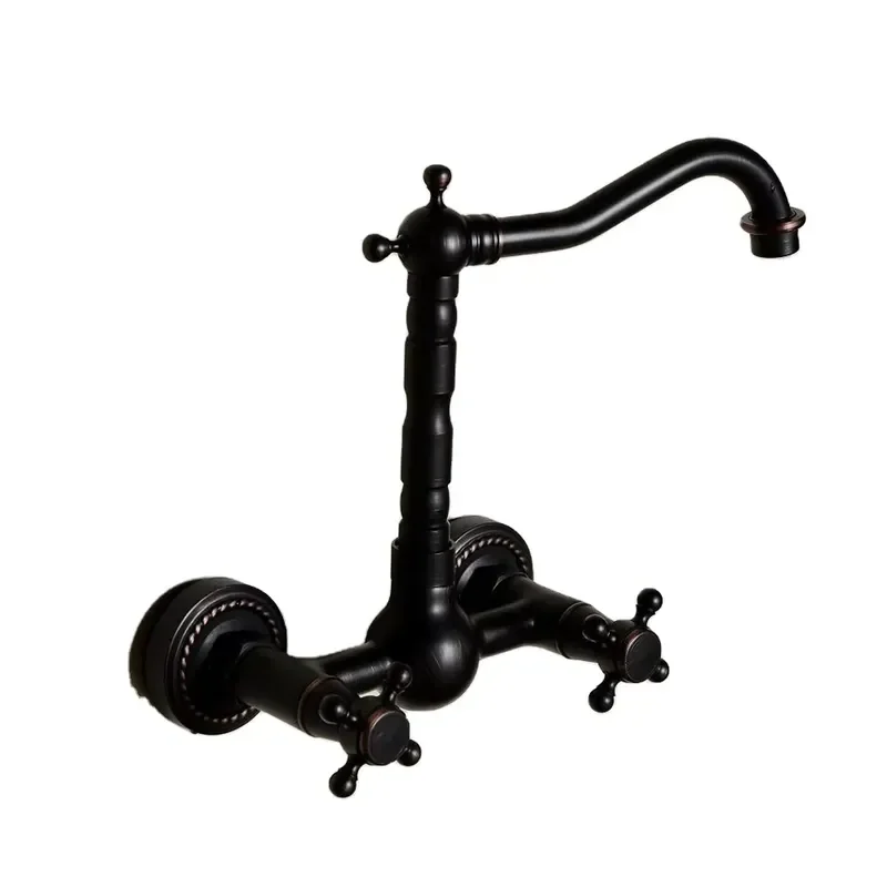 Classic Wall Mounted Double Handle Black Brass Kitchen Faucet