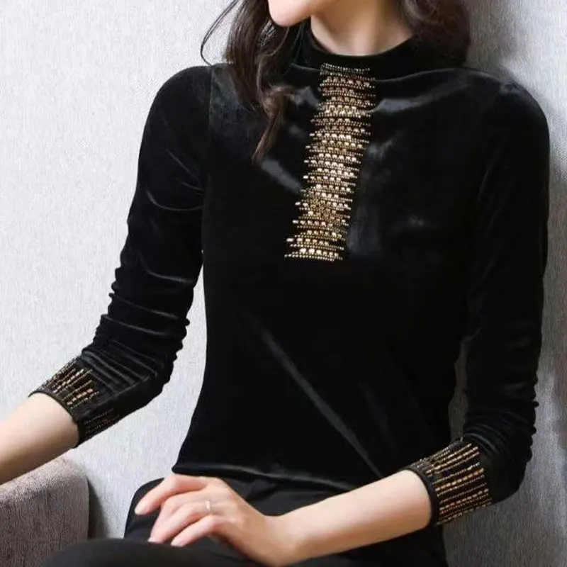 Female Clothing Vintage Solid Color T-shirt Autumn Winter Stylish Diamonds Long Sleeve All-match Half High Collar Pullovers 2025