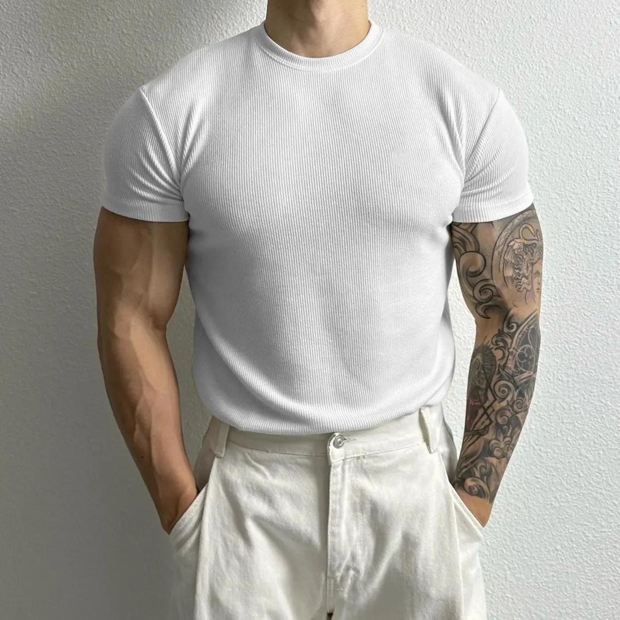 Summer Men Short Sleeve Slim Fitness T-Shirts Streetwear Fashion Solid Versatile Casual Sports Training Sweat Black Knitted Tops